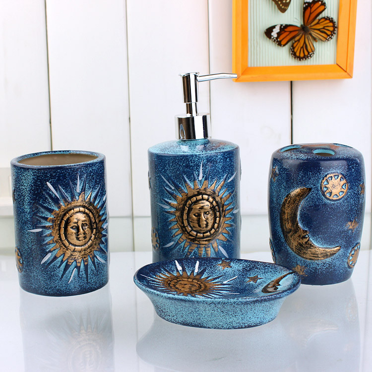 4 Piece Golden Sun and Moon Pattern Blue Ceramic Bath Accessory Sets
