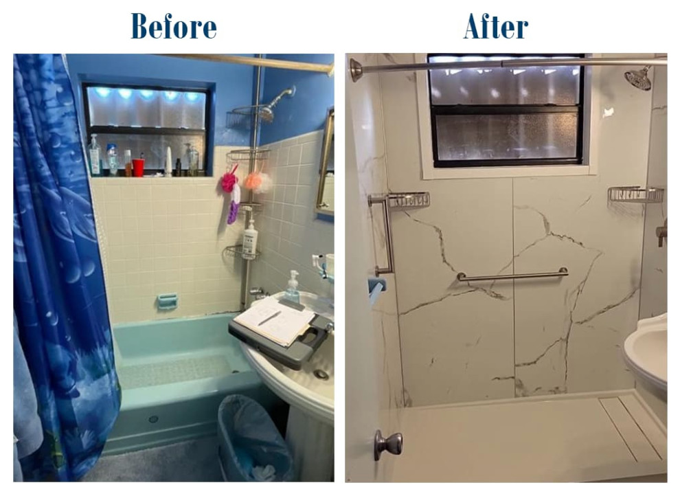 Foto på ett litet funkis grå badrum med dusch, med luckor med glaspanel, grå skåp, grå kakel, grå väggar, bänkskiva i glas och vitt golv