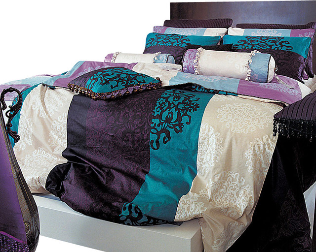 Turquoise Purple And Black Damask Queen Duvet Cover Set