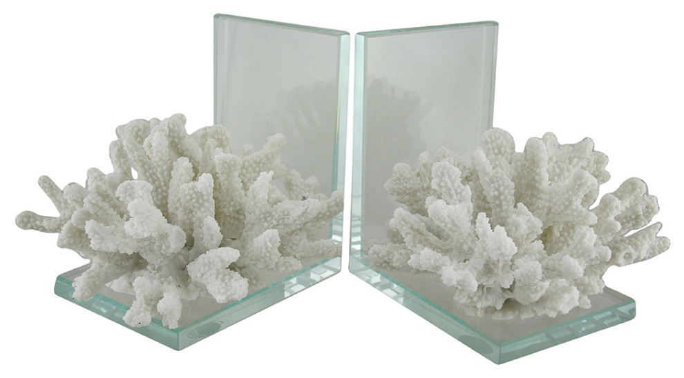 2-Piece White Coral On Glass Coastal Bookend Set, One Size - Beach ...