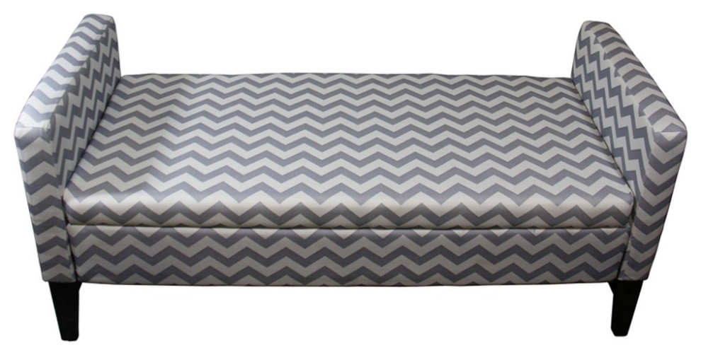 Modern Gray and White Chevron Print Storage Bench Transitional