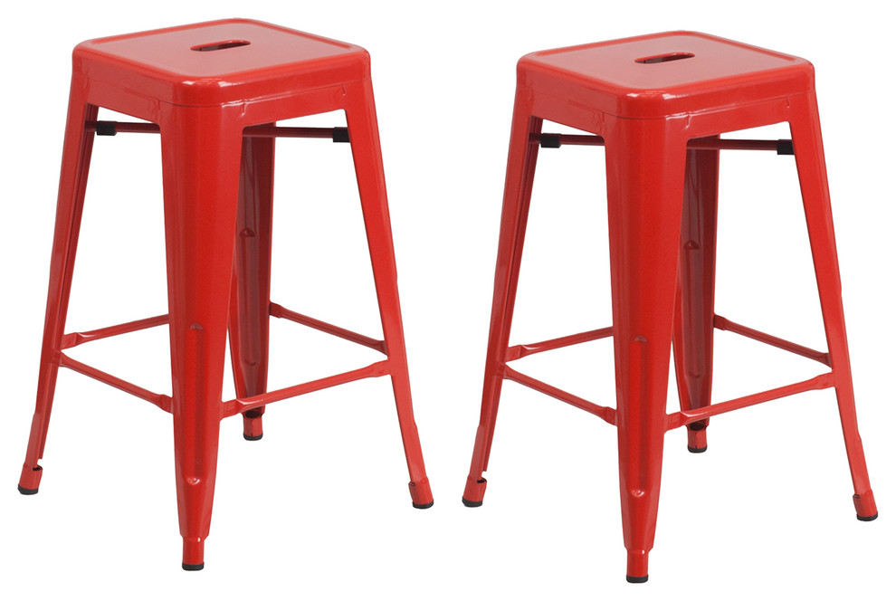 Vogue Metals Backless Metal Stools, Set of 2, Full Assembled, Red, 24"