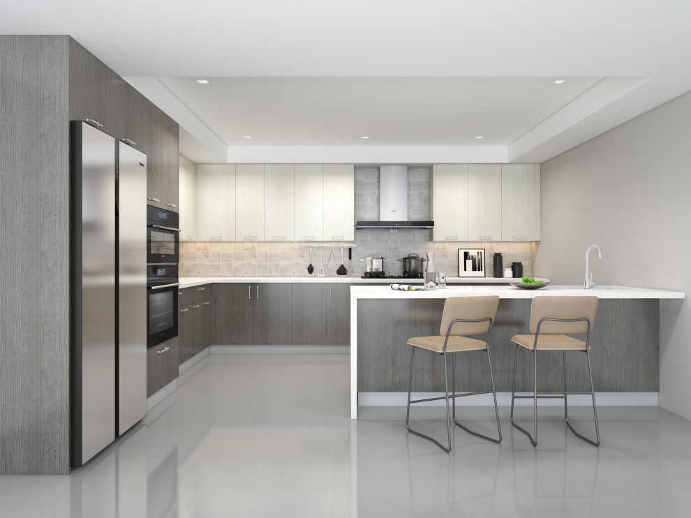 Large modern u-shaped eat-in kitchen in Houston with a double-bowl sink, flat-panel cabinets, grey cabinets, quartz benchtops, beige splashback, ceramic splashback, coloured appliances, porcelain floors, with island, grey floor, white benchtop and recessed.