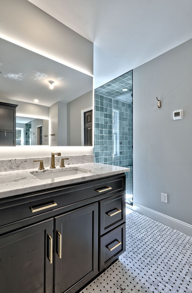 Photo of a large transitional master bathroom in Philadelphia with flat-panel cabinets, black cabinets, an alcove shower, grey walls, mosaic tile floors, an undermount sink, engineered quartz benchtops, white floor, grey benchtops, a single vanity and a built-in vanity.