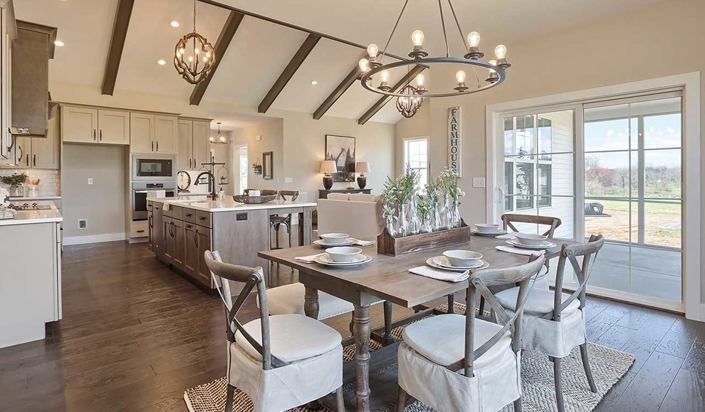 Inspiration for a mid-sized country kitchen/dining combo in Other with grey walls, dark hardwood floors and no fireplace.