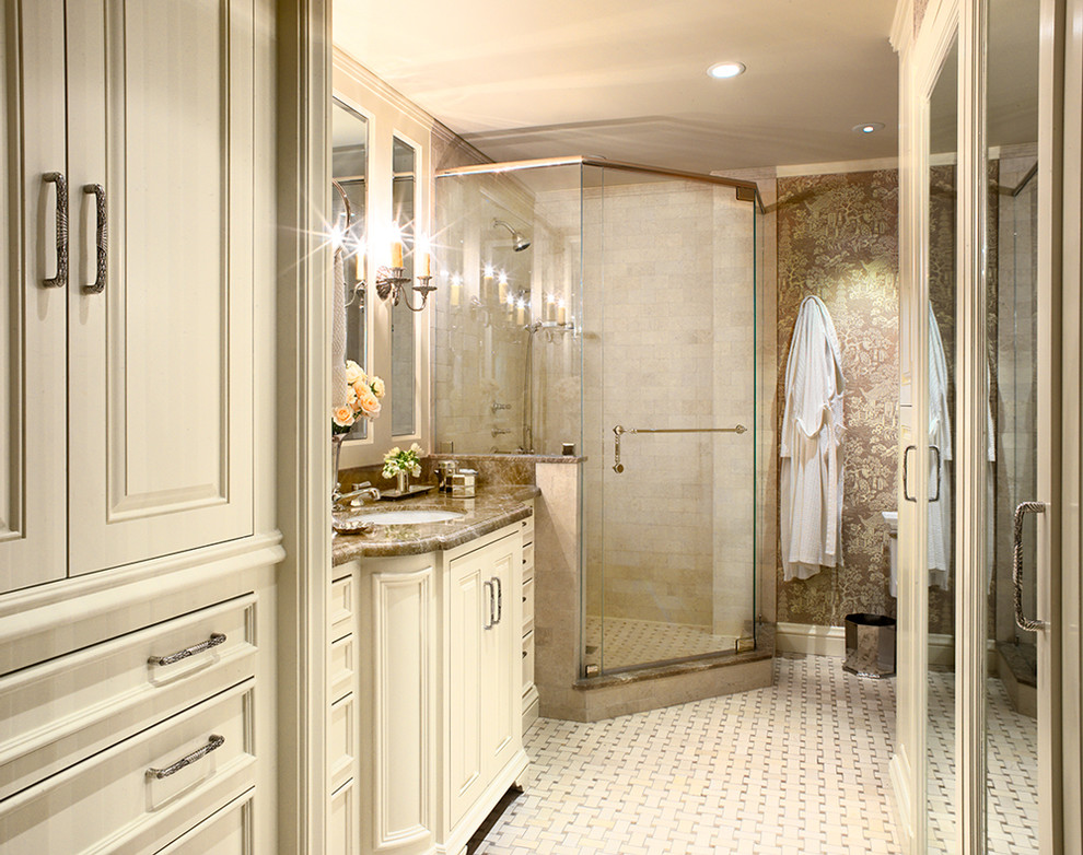 Photo of a traditional bathroom in San Francisco with a corner shower and mosaic tile.