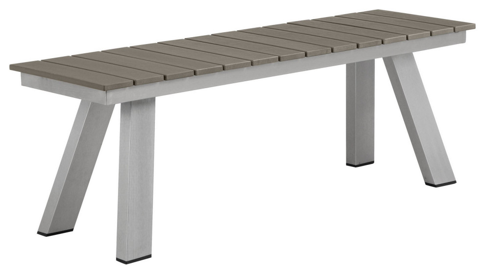 Benzara BM287848 Outdoor Dining Bench, Gray Polyresin Top, Gray Aluminum Frame