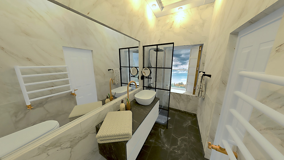 Inspiration för små moderna svart en-suite badrum, med släta luckor, en öppen dusch, en vägghängd toalettstol, vit kakel, keramikplattor, klinkergolv i keramik, marmorbänkskiva, med dusch som är öppen och vita skåp