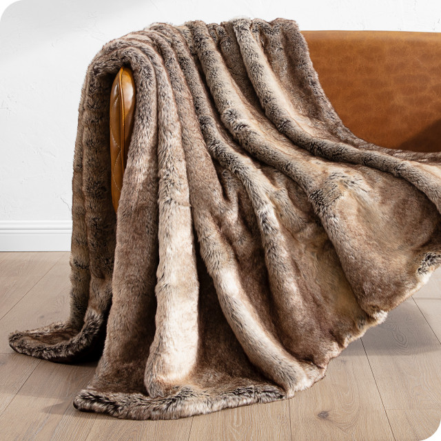 Faux Fur Blanket Ultra-Soft, Cozy, Variegated Mocha, Oversized, 60"x80"
