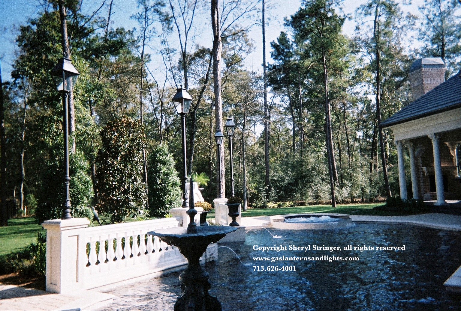 Sheryl's V Style Gas Lanterns on Poles by Pool