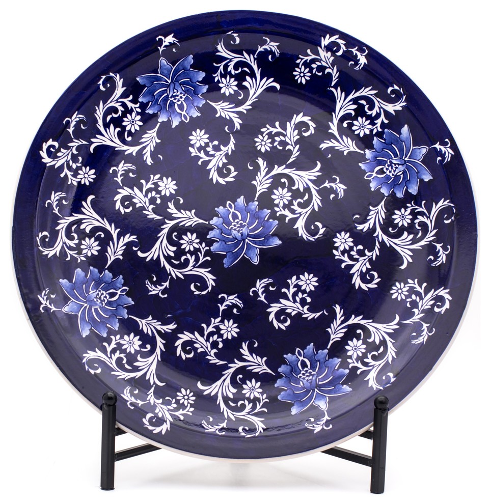 Claybarn Blue Garden Decorative Plate with Stand Asian Decorative