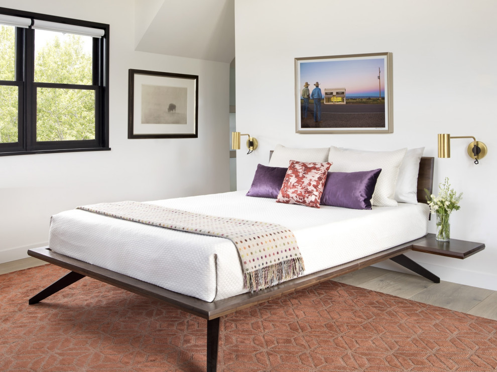 Imagen de dormitorio principal actual de tamaño medio con paredes blancas, suelo de madera en tonos medios y todas las chimeneas