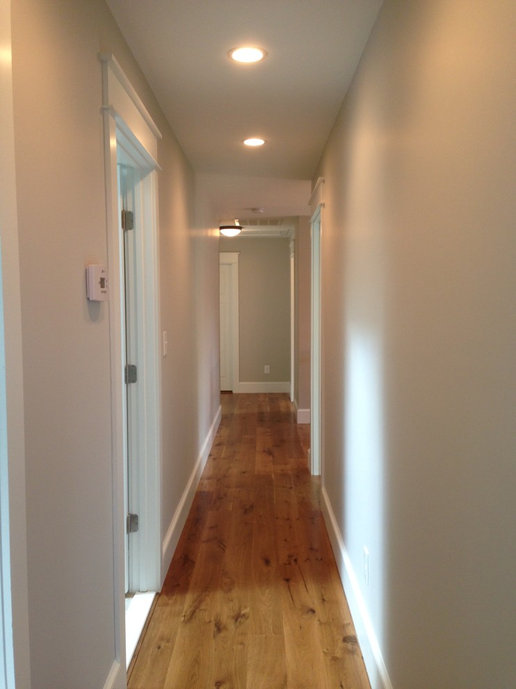 Design ideas for a transitional hallway in Other with grey walls and medium hardwood floors.