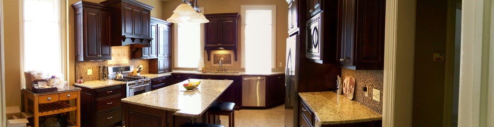 Inspiration for a medium tone wood floor kitchen remodel with a double-bowl sink, medium tone wood cabinets, granite countertops, beige backsplash and stainless steel appliances
