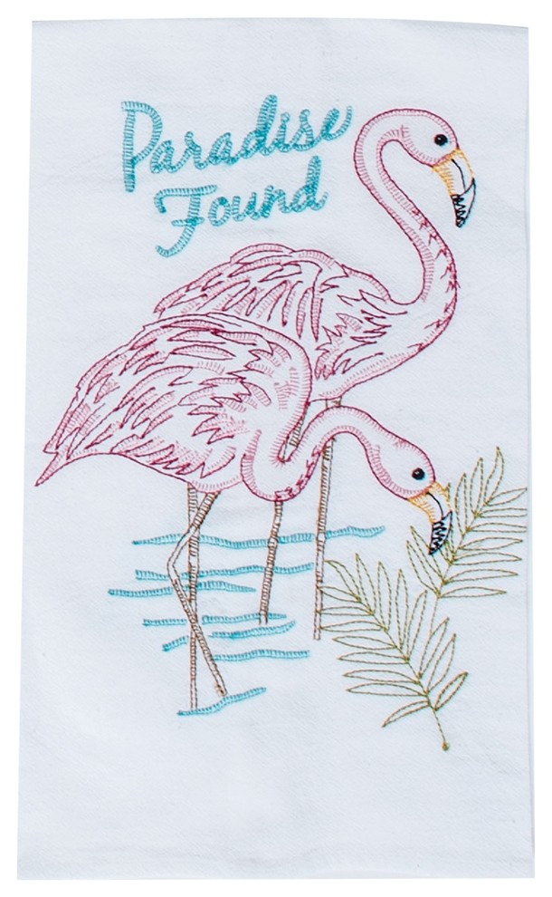 Paradise Found Pink Flamingos Embroidered Flour Sack Kitchen Dish Towel