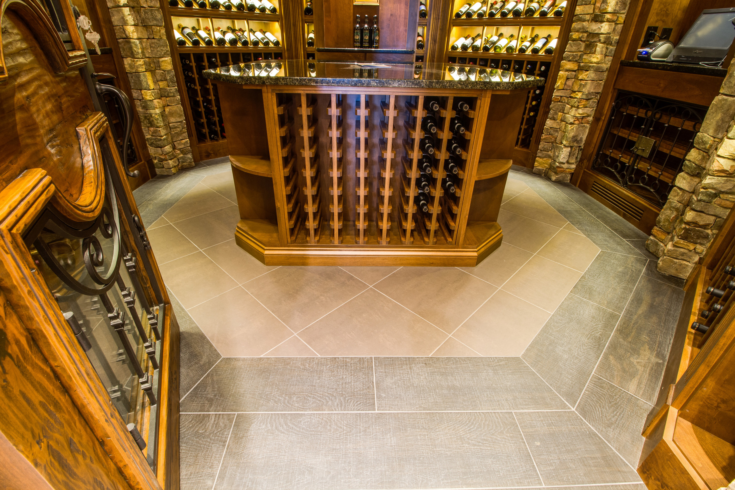 Custom Octagon center island and porcelain floor for your Wine Cellar