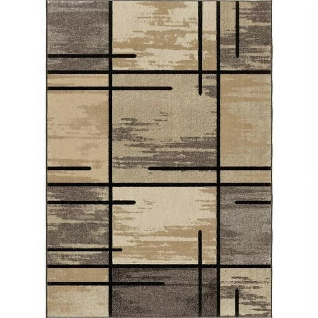Transitional Area Rug, Abstract Grid Geometric Patterned Polypropylene, Pewter