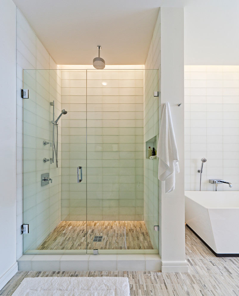 Design ideas for a modern bathroom in Dallas with a freestanding tub.