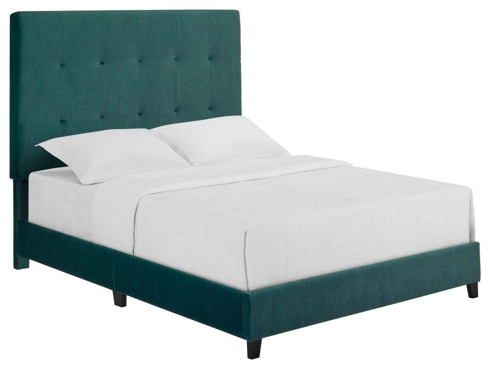 Legends Home Queen Size Green Velvet Tufted Upholstered Platform Bed