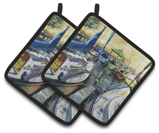 Seven Boats Sailboats Pot Holders, Set of 2 Beach Style Oven Mitts