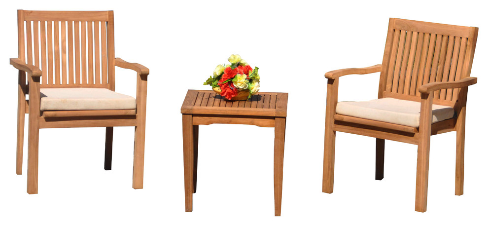 3 Piece Outdoor Teak Dining Set, 20.75" Square Table, 2 Leveb Stacking Chairs