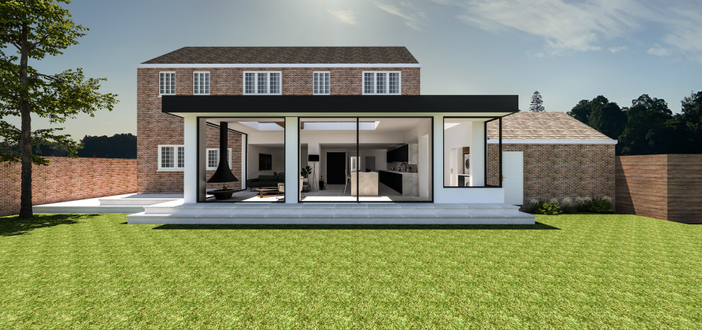 Diseño de fachada de casa contemporánea grande de una planta con revestimiento de vidrio y tejado plano