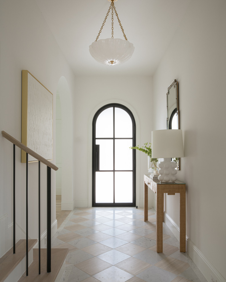 Transitional single front door photo in Dallas with white walls and a glass front door