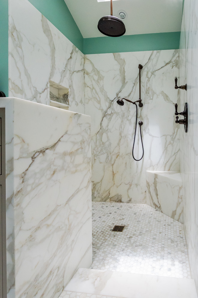 Photo of a large traditional master bathroom in San Francisco with furniture-like cabinets, beige cabinets, a curbless shower, gray tile, white tile, stone slab, green walls, mosaic tile floors, an undermount sink and marble benchtops.