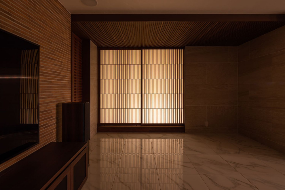 This is an example of a large world-inspired formal open plan living room in Osaka with brown walls, ceramic flooring, a wall mounted tv, white floors, a wood ceiling and panelled walls.