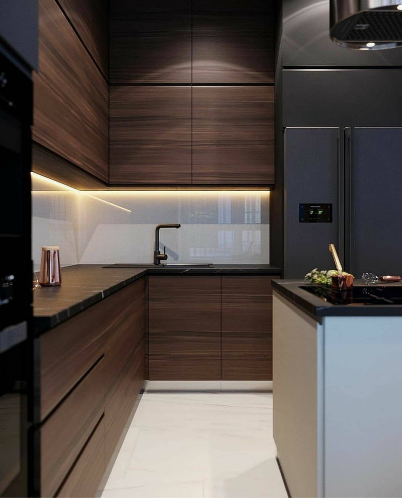 This is an example of a large modern l-shaped open plan kitchen in Miami with an undermount sink, open cabinets, dark wood cabinets, quartz benchtops, white splashback, glass sheet splashback, stainless steel appliances, marble floors, with island, white floor and brown benchtop.
