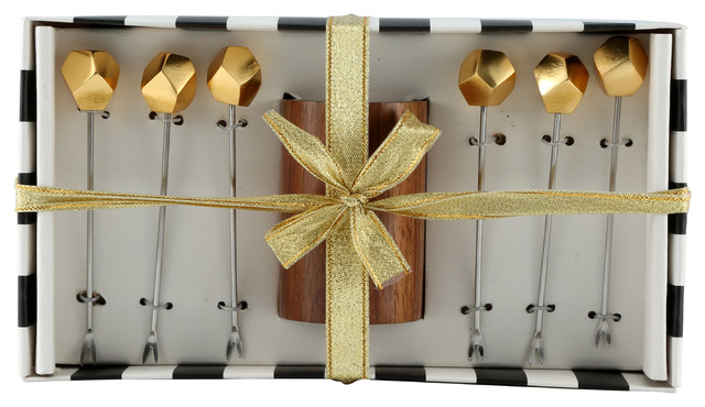 Gold Finish Appetizer Picks With Wood Holder, Set of 6