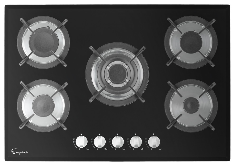Black Tempered Glass 5 Italy Sabaf Burners Stove Top Gas Cooktop, 30" Contemporary Cooktops