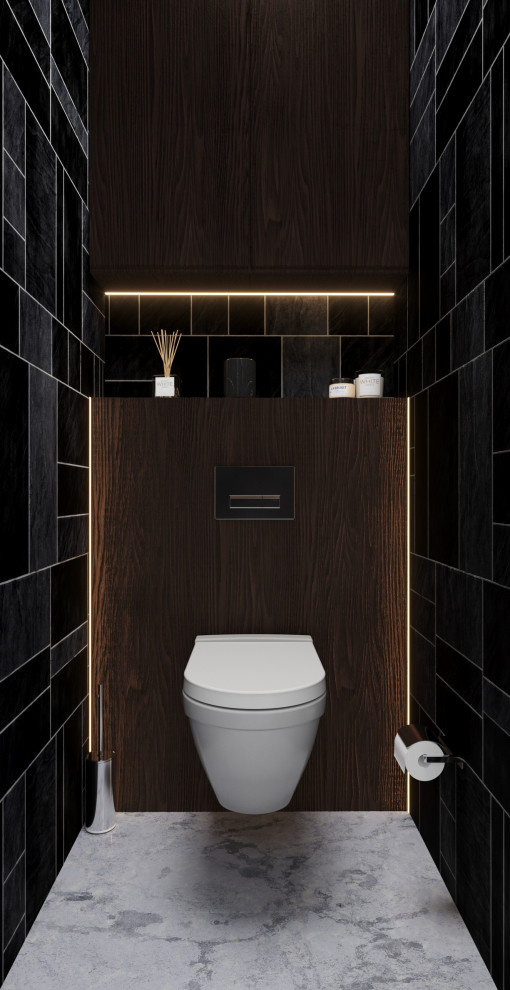 На фото: совмещенный санузел среднего размера в стиле модернизм с угловой ванной, угловым душем, инсталляцией, коричневой плиткой, керамической плиткой, коричневыми стенами, мраморным полом, раковиной с несколькими смесителями, серым полом, душем с раздвижными дверями, деревянным потолком и кирпичными стенами