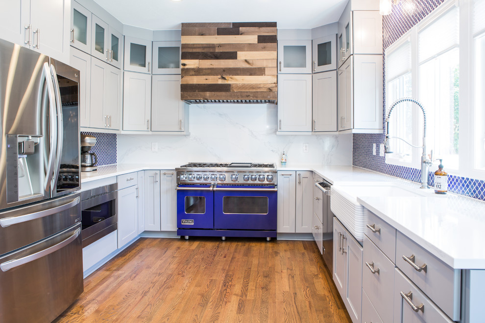 Inspiration for a huge transitional u-shaped eat-in kitchen remodel in Denver with shaker cabinets, gray cabinets, quartz countertops, blue backsplash, no island and white countertops
