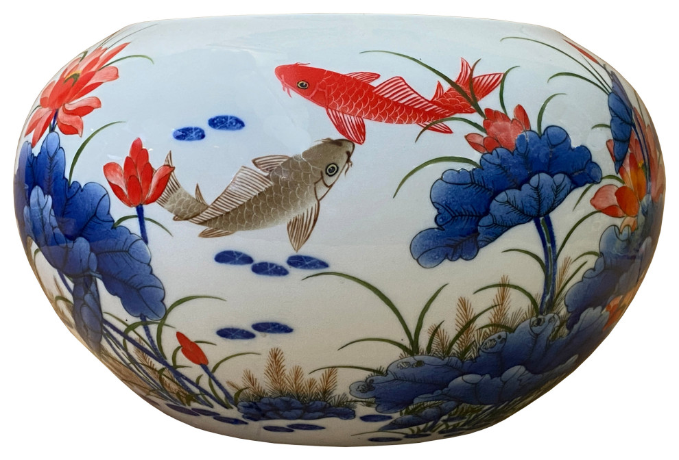 Asian Chinese Porcelain Lotus Fishes Accent Round Bowl Display Hws2591