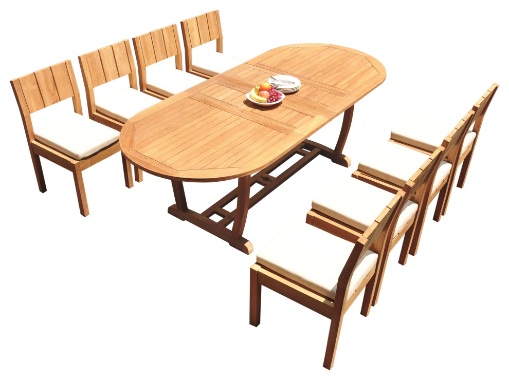 11Piece Outdoor Teak Dining Set 94" Masc Oval Table, 10 Vera Armless