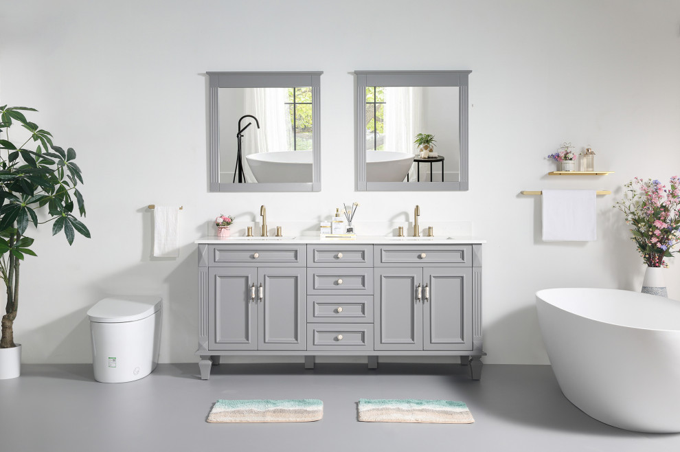 Modelo de cuarto de baño único y de pie vintage de tamaño medio con armarios con paneles empotrados, puertas de armario grises, encimera de mármol y encimeras blancas