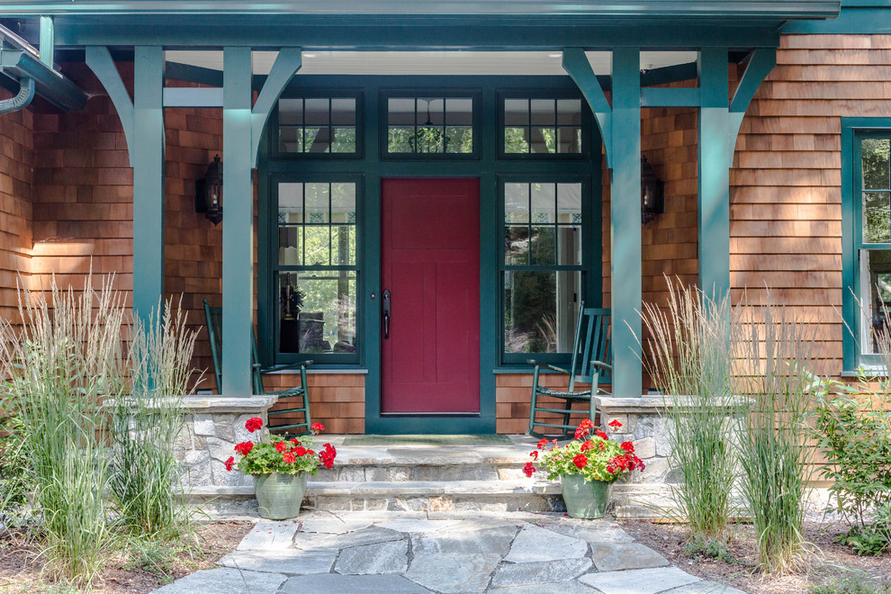 Design ideas for an arts and crafts front door in Bridgeport with a single front door and a red front door.