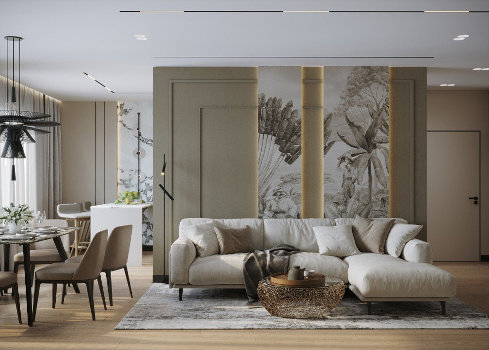 Дизайн кухни-гостиной в природных цветах