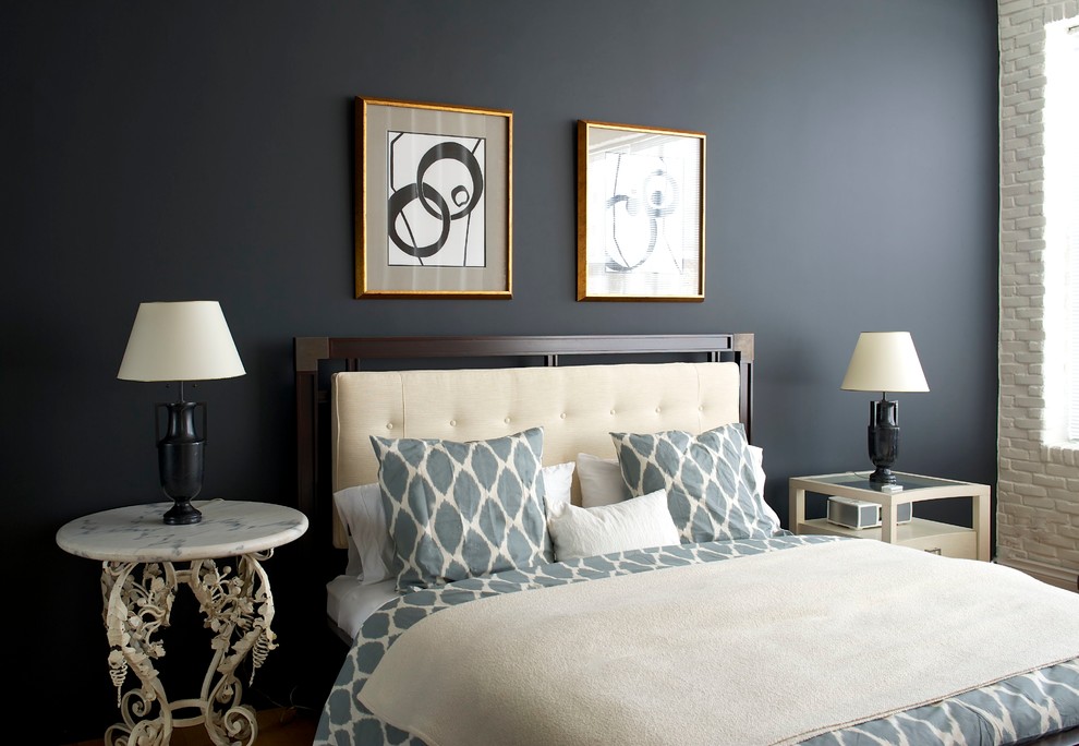 Inspiration for a bedroom remodel in Montreal with black walls and no fireplace