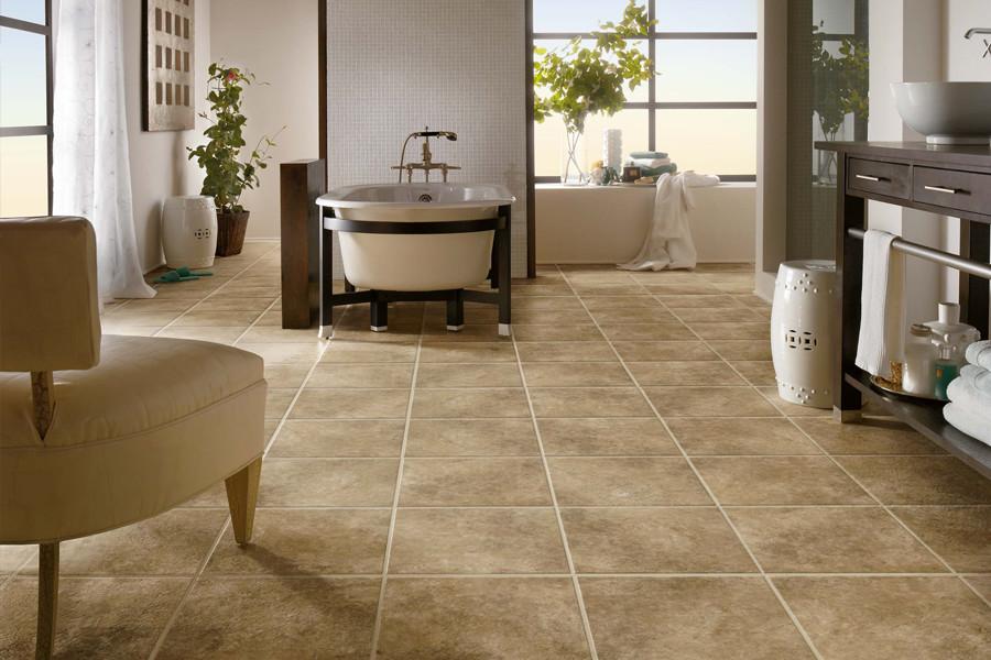 Inspiration for a large transitional master white tile and mosaic tile porcelain tile and beige floor freestanding bathtub remodel in DC Metro with furniture-like cabinets, dark wood cabinets, beige walls, a vessel sink and wood countertops