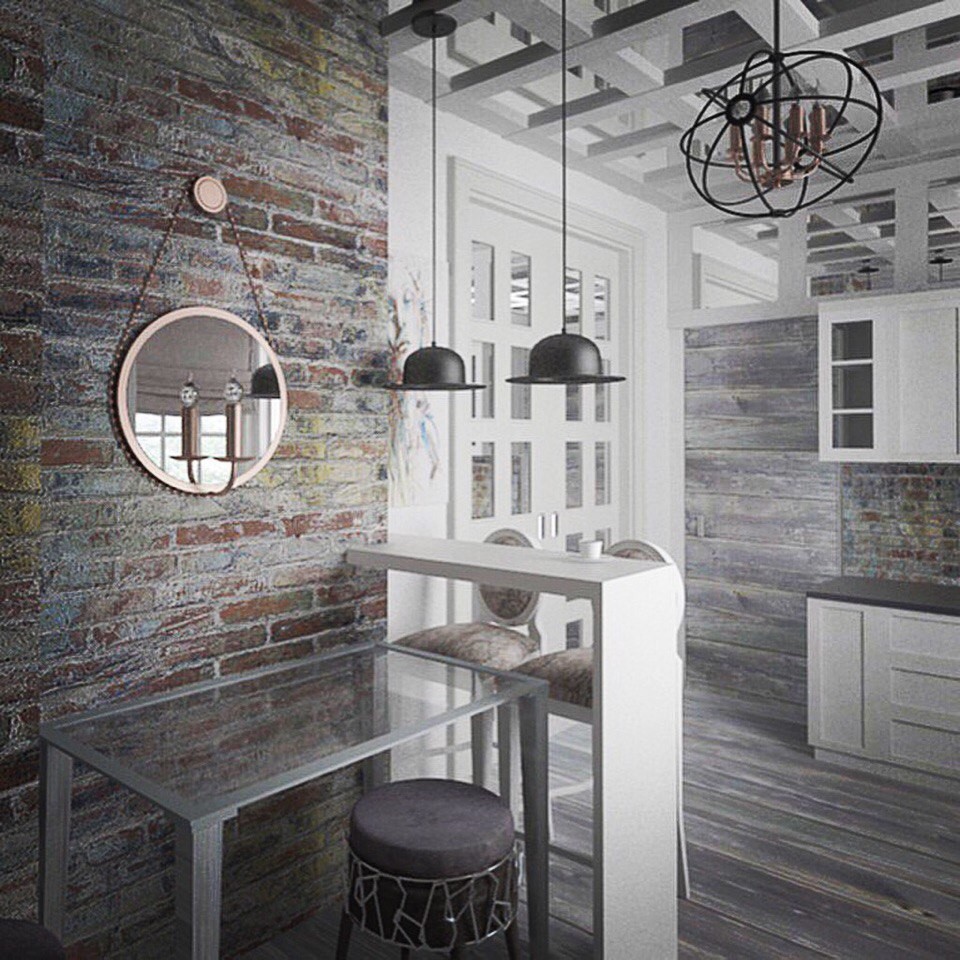 Организация кухни с уютным местом для чаепития, в проходном, узком помещении.