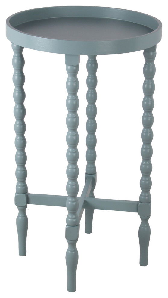 Wooden Round Accent Table with Tray Top and Beaded Turned Legs, Sage