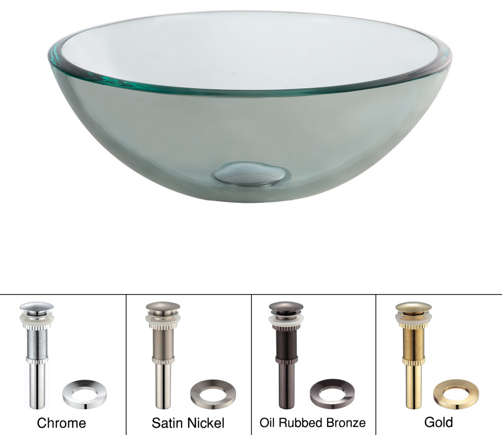 Clear 14" Glass Vessel Bathroom Sink, PU Drain, Mounting Ring, Chrome