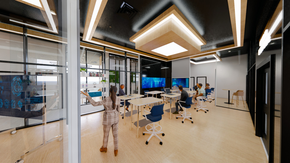 Exempel på ett mellanstort modernt arbetsrum, med ett fristående skrivbord, flerfärgade väggar, bambugolv och brunt golv
