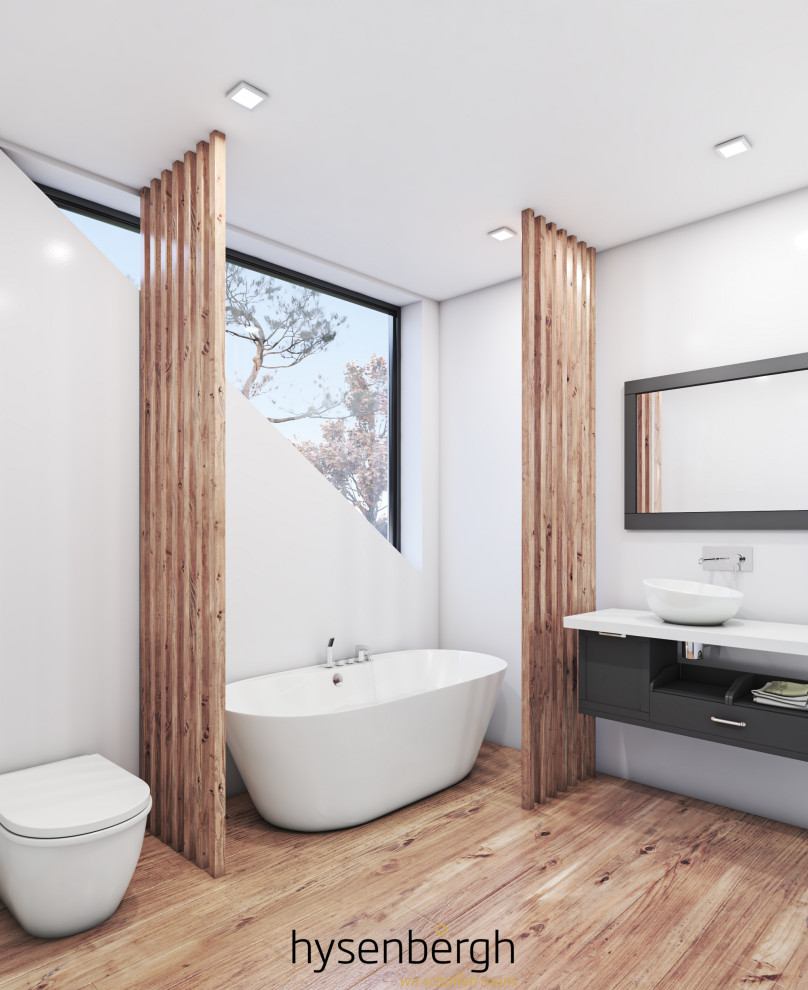 Inspiration for a mid-sized contemporary master bathroom in Dusseldorf with open cabinets, black cabinets, a freestanding tub, a shower/bathtub combo, a one-piece toilet, white walls, light hardwood floors, a console sink, wood benchtops, beige floor, white benchtops, a single vanity and a floating vanity.