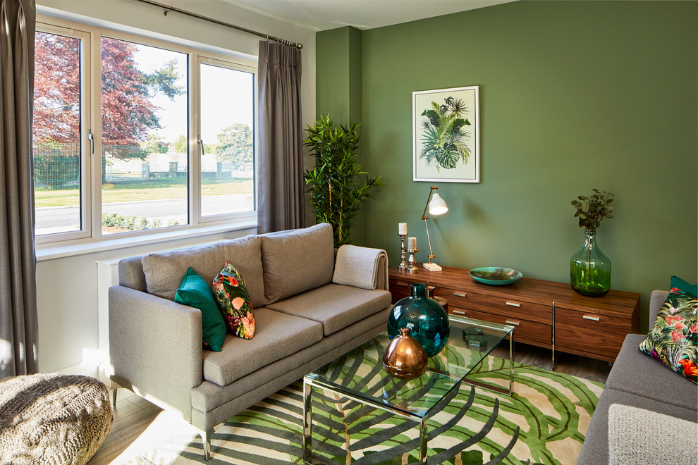 This is an example of a mid-sized tropical living room in Dublin with green walls and no fireplace.