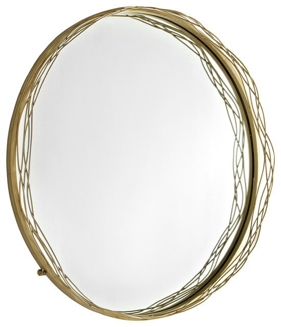 32" Round Mirror With Wire Nest Frame, Gold Contemporary Wall