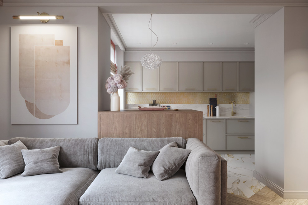 Ispirazione per un soggiorno design di medie dimensioni con nessuna TV, pareti grigie, pavimento in legno massello medio e pavimento beige