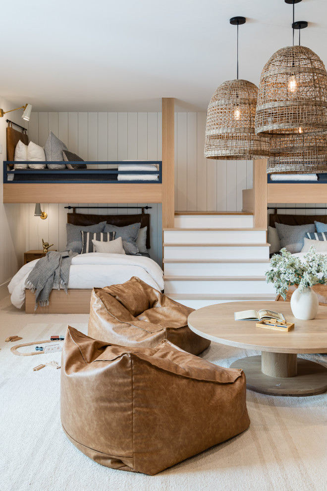 Kids' room - transitional beige floor and shiplap wall kids' room idea in Orange County with white walls